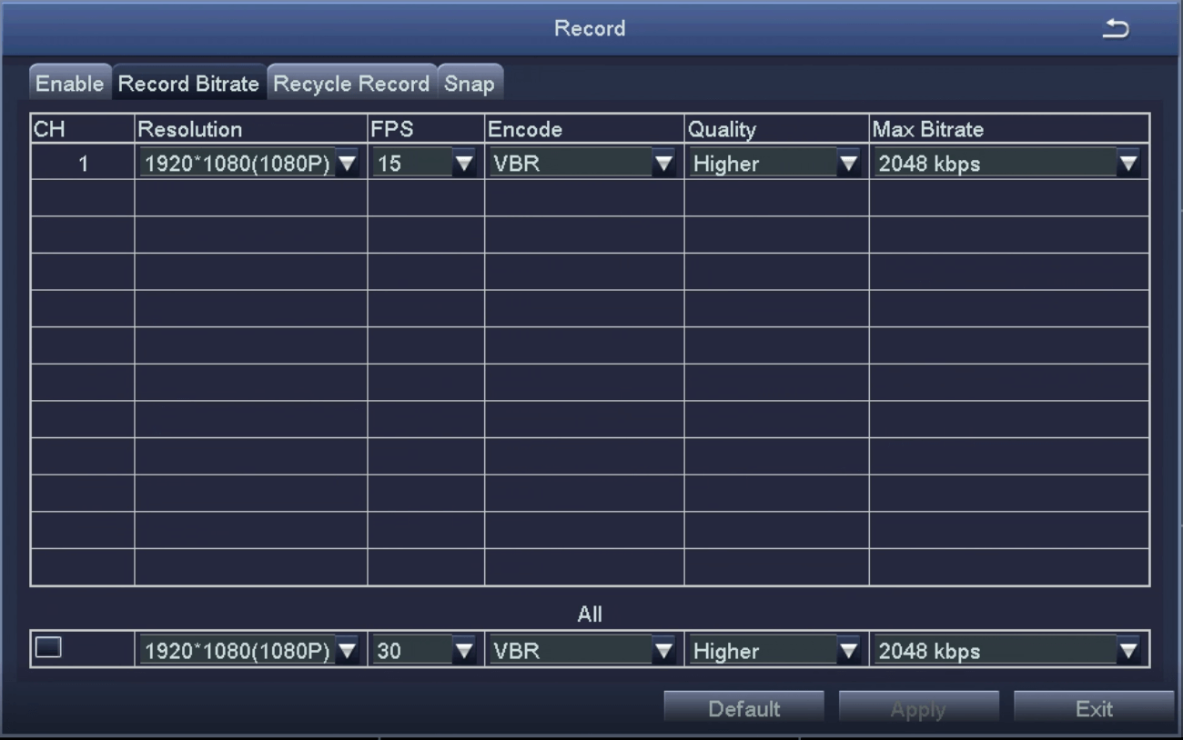 Setup Record Record Bitrate